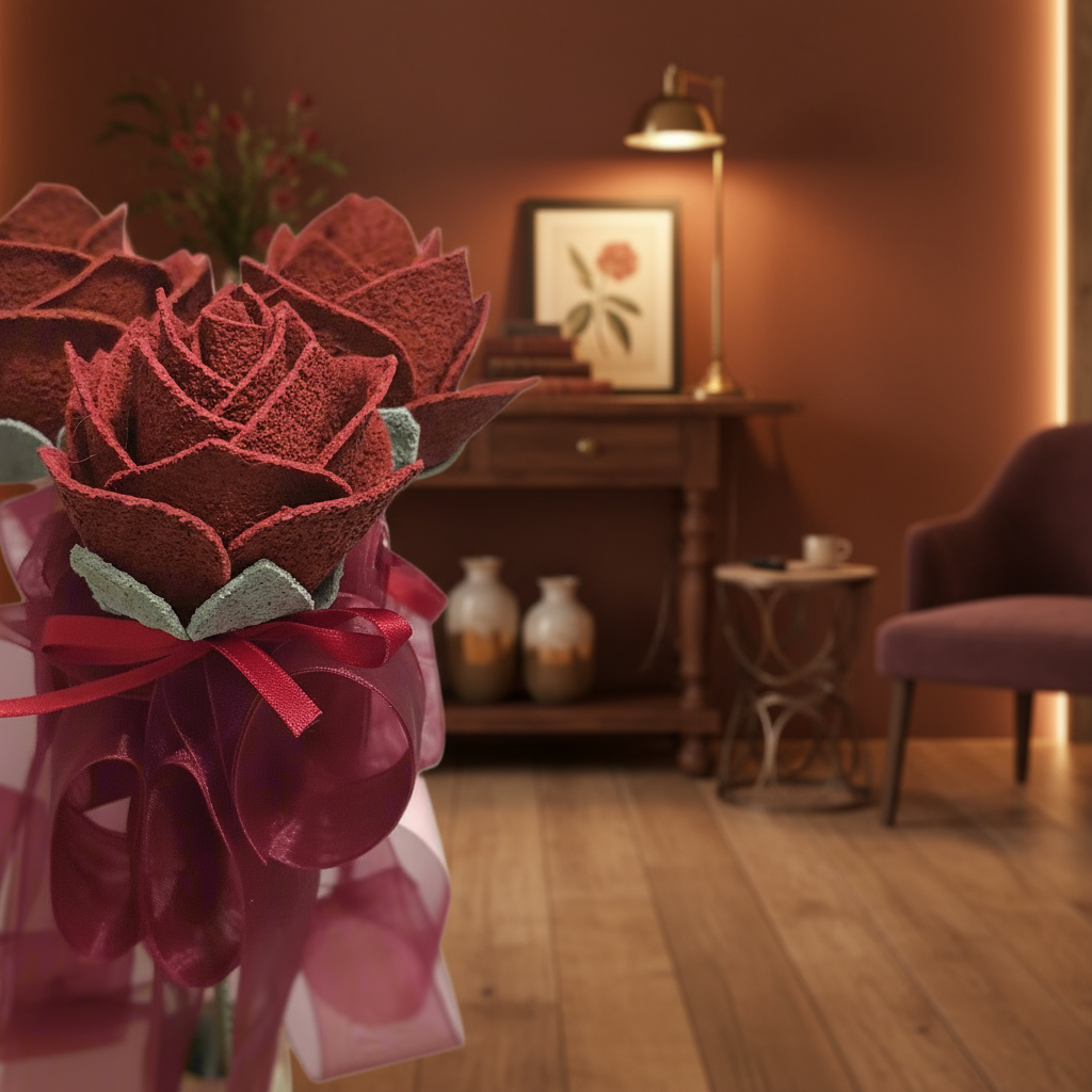 Rosa di Sughero con Stelo – Modello Rosa Divina Amaranto, Linea Petali di Sughero - Fabris Solutions 